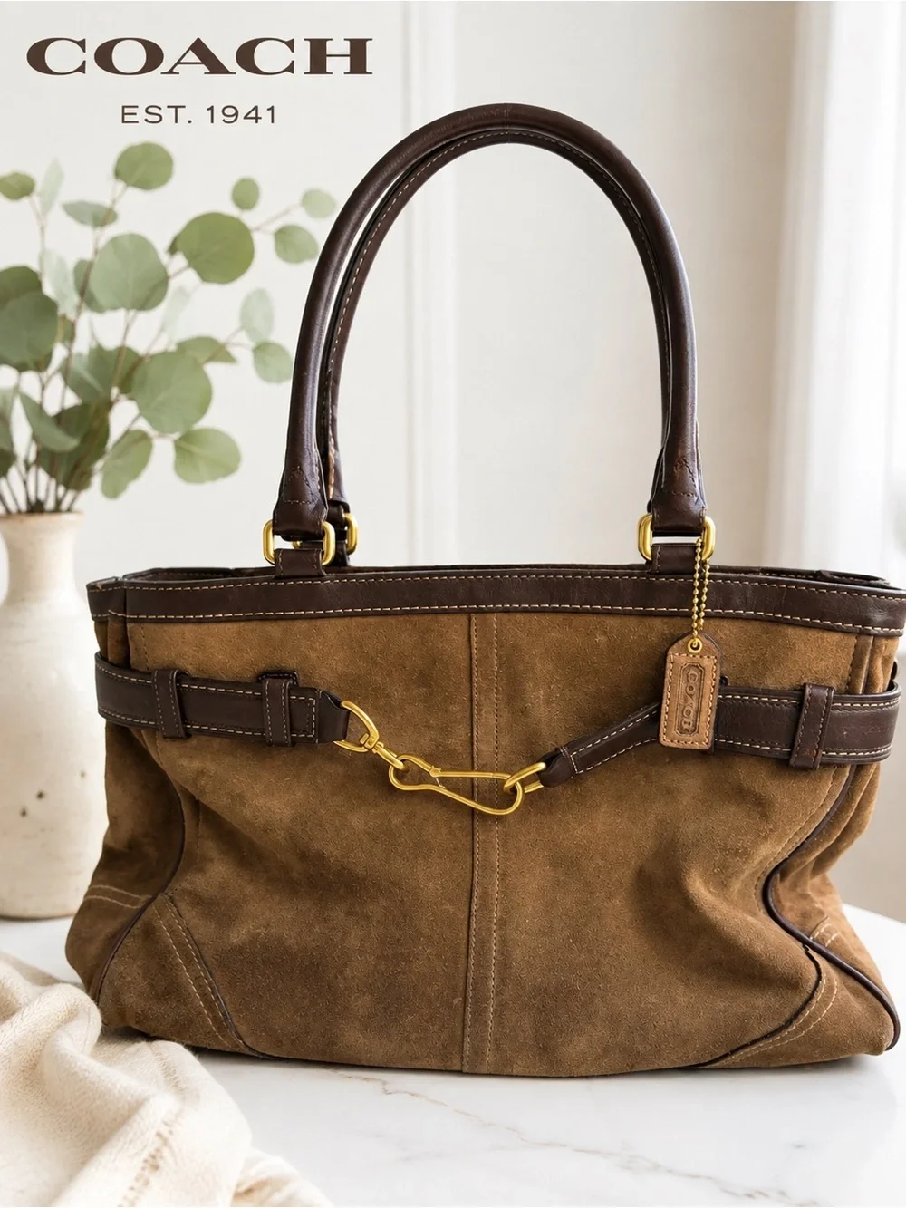 Coach 8A79 Brown Suede Leather Belted Tote Shoulder Bag Brass Hardware Y2K